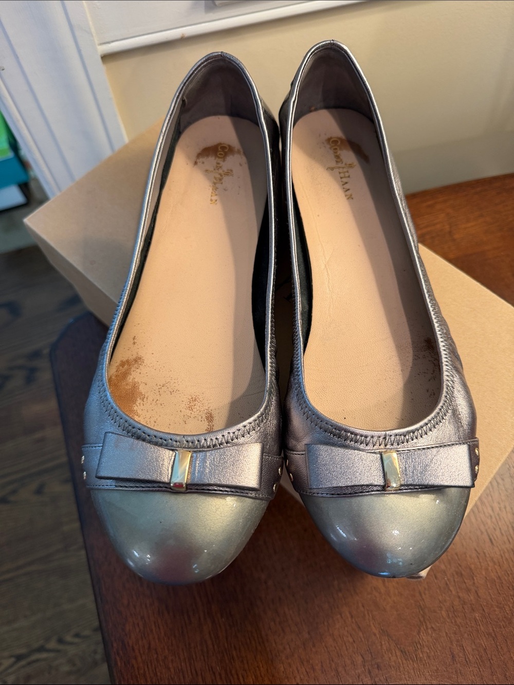 Cole Haan Iridescent Silver Ballet Flats with Bow Accent